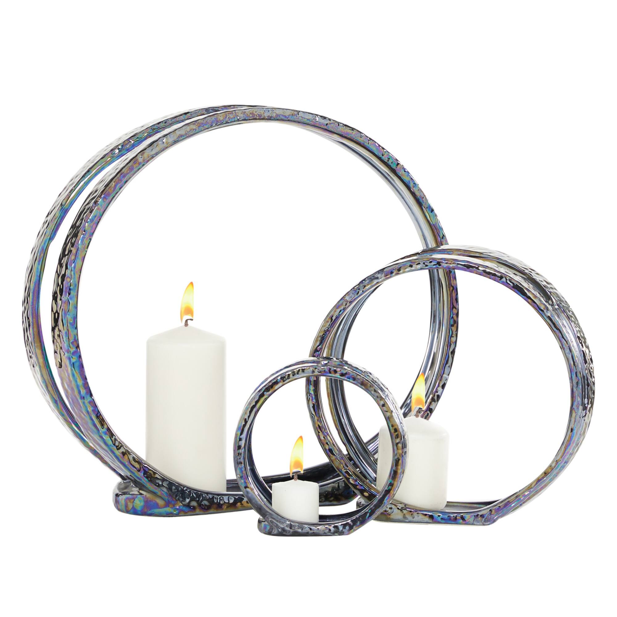 14" Silver Ceramic Glam Candlestick Holder Set